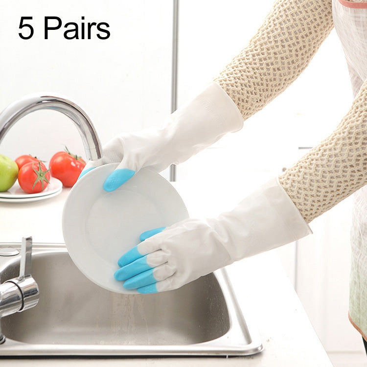 Waterproof cleaning gloves with blue fingertips and white cuffs, worn at the kitchen sink