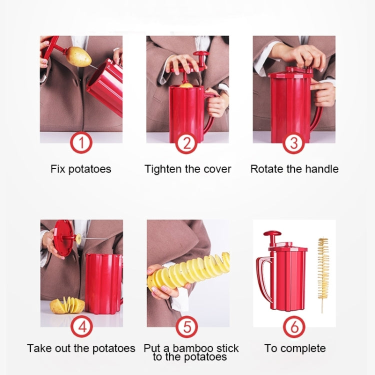 Red tornado potato slicer in use with potatoes and twisting handle steps