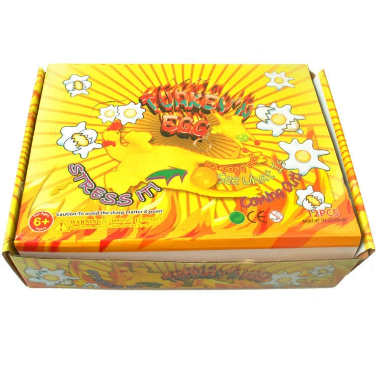 Retail box for 12-pack Tricky Egg stress balls, featuring yellow chicken graphics.