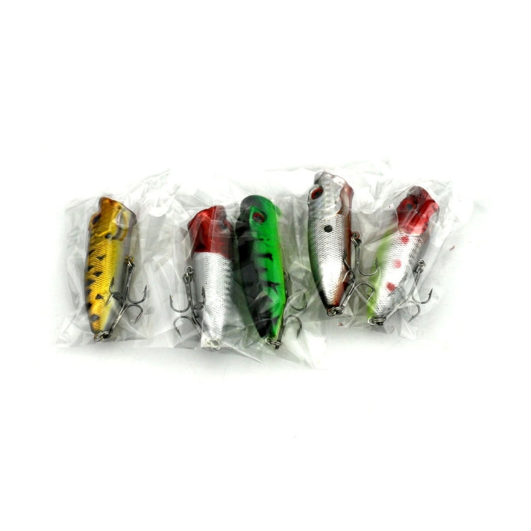 Pack of artificial popper fishing lures with treble hooks, assorted colors in plastic