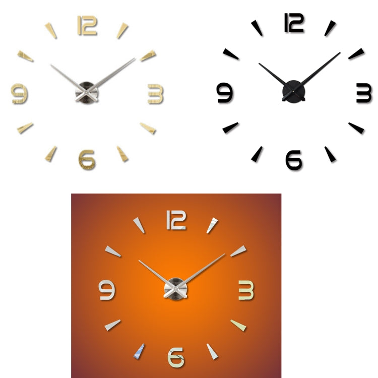 3D mirror wall clock sticker showing black and gold variants with round backing and numbered layout