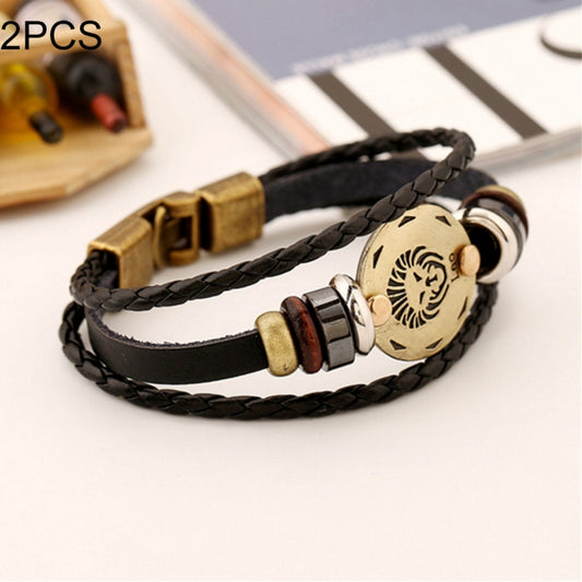 Braided leather couple bracelet set, black cord with gold clasp and round zodiac charm
