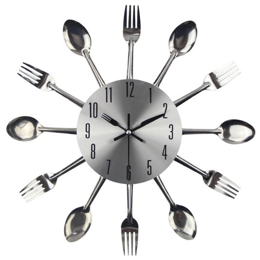 Cutlery Metal Kitchen Wall Clock Spoon Fork Creative Quartz Wall Mounted Clocks Modern Design Decorative Horloge, Silver, Silver