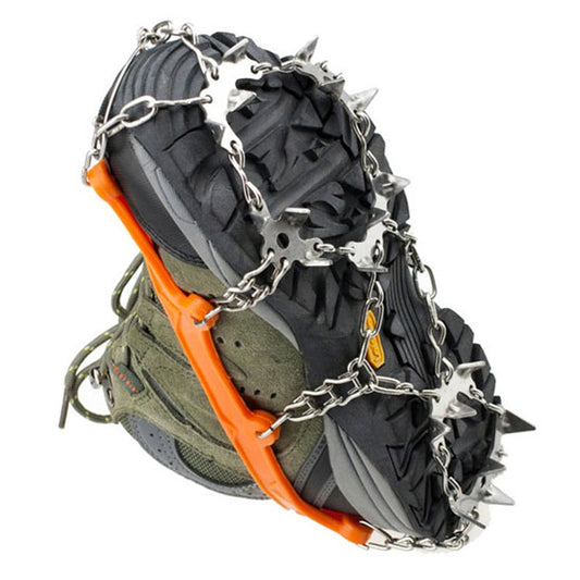 Orange anti-slip ice gripper chain shoe covers with 19-tooth spikes, size M