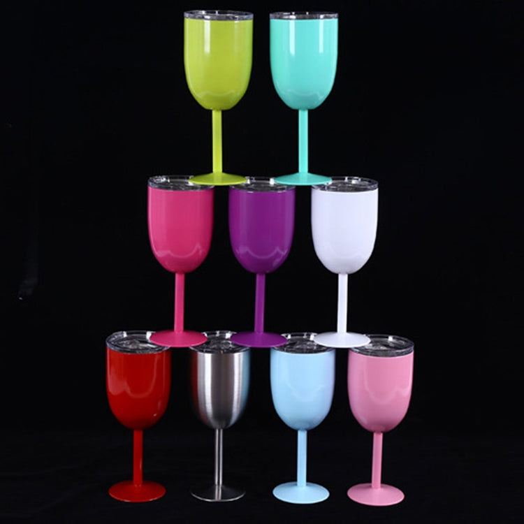 Assorted color stainless steel vacuum wine goblets with clear lids on display