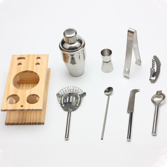 9 in 1 Stainless Steel Cocktail Shaker Tools Set with Wooden Mount, Capacity: 550ml, 550ml
