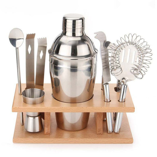 9 in 1 Stainless Steel Cocktail Shaker Tools Set with Wooden Mount, Capacity: 550ml, 550ml