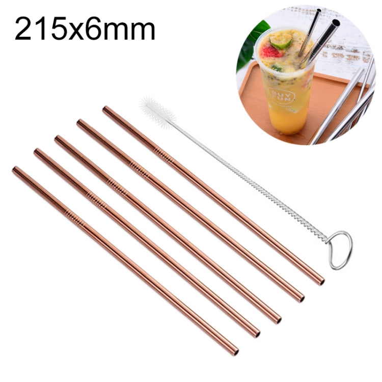 Reusable straight drinking straw set with cleaning brush, rose gold stainless steel