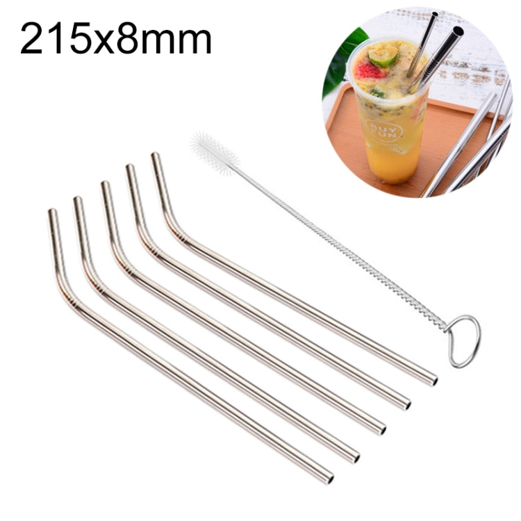 Bent reusable stainless steel straw set with cleaner brush, silver finish