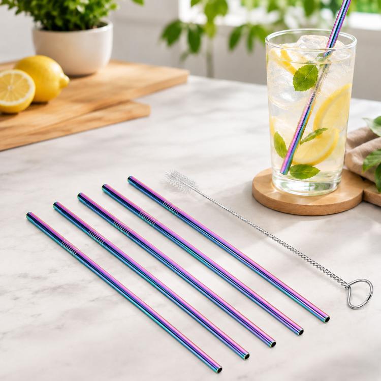 Reusable straight stainless steel drinking straw set with cleaning brush, multicolor rainbow