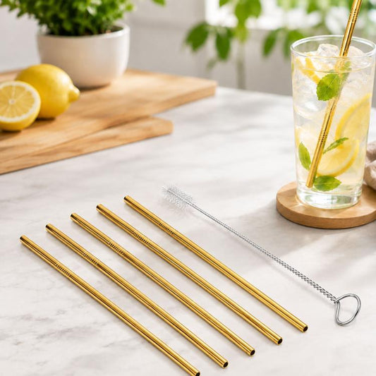 5pcs Reusable Stainless Steel Straight Drinking Straw + Cleaner Brush Set Kit, 266*6mm, 266*6mm (Straight)