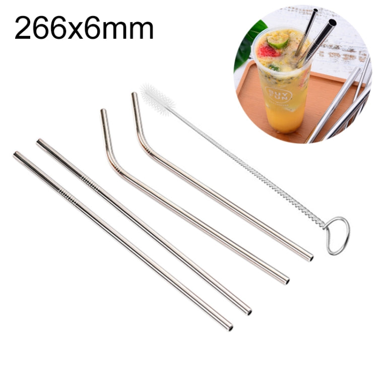 Set of four silver reusable drinking straws with included cleaning brush