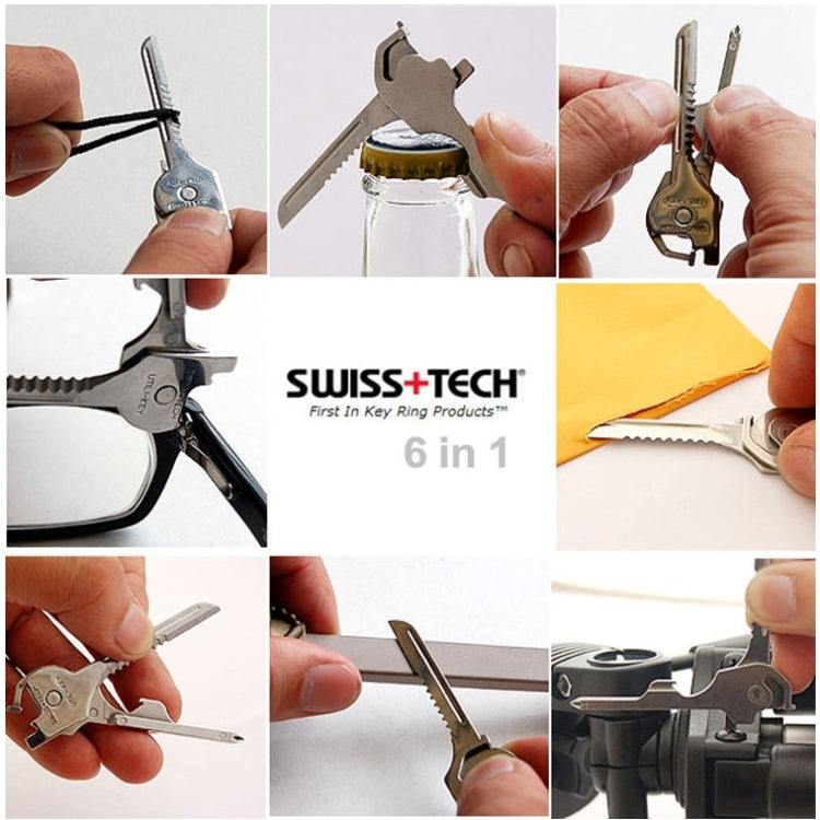 SWISS+TECH Stainless Steel 6 in 1 Multi-function Outdoor Key Chain, Foldable Mini Tools Key Ring