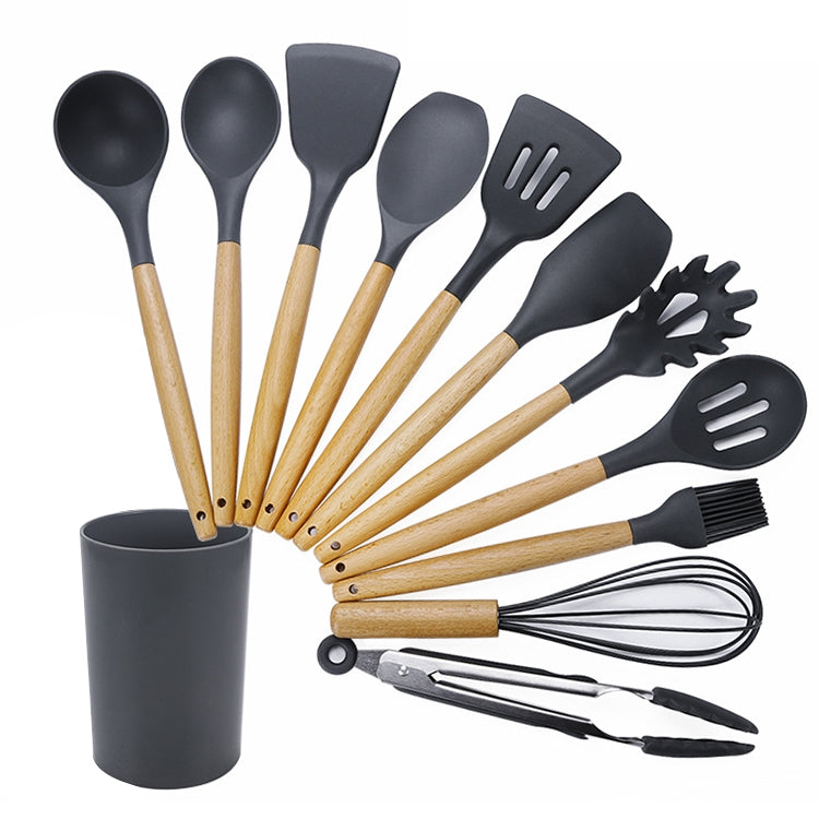 Assorted silicone utensil set with wooden handles and gray storage bucket