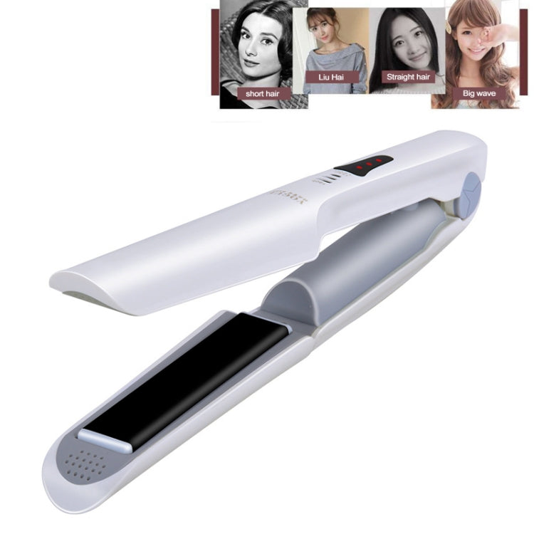 White mini USB rechargeable hair straightener with dual ceramic plates