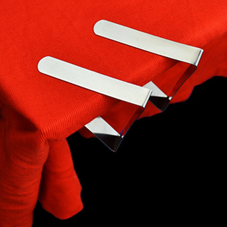 Stainless steel tablecloth clamp clips securing a folded table fabric