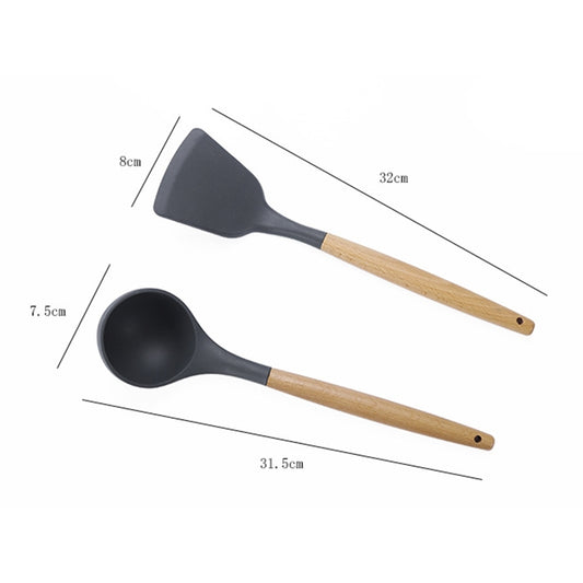 kn020 9 in 1 A Version Wooden Handle Silicone Non-stick Spatula Spoon Kitchen Tool Set, A Version