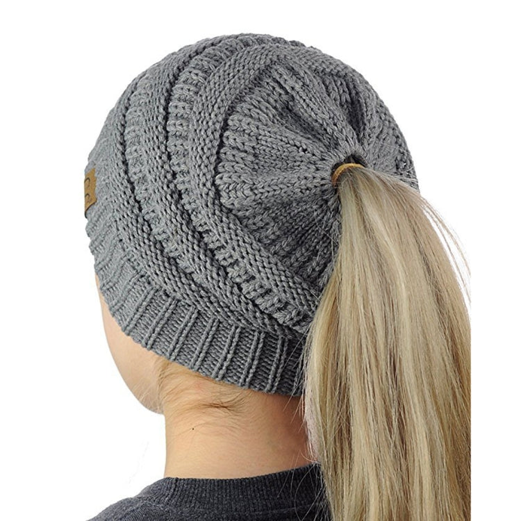 Gray knit CC ponytail cap beanie with side CC patch and ponytail opening