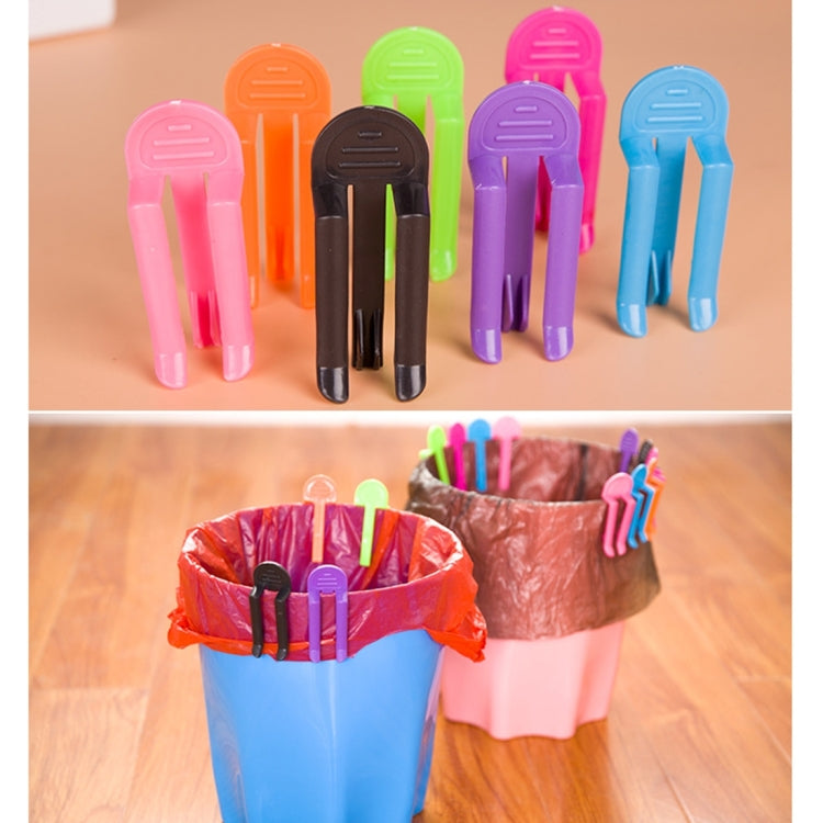 Mixed-color trash bag clamp clips, shown in a set of 10 and on a bin