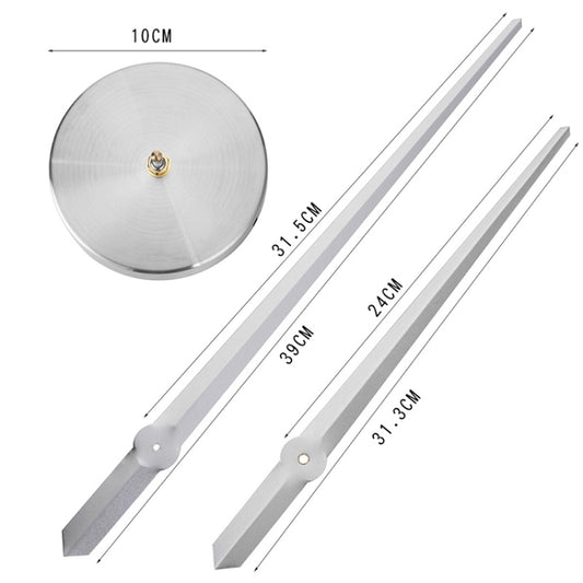 Silver stainless steel clock face with two long hands and blade-style center mount