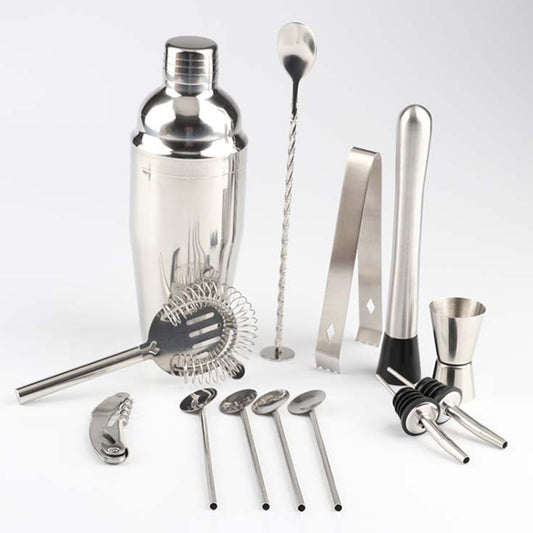 14 in 1 Stainless Steel Cocktail Shaker Tools Set with Bamboo Mount, Capacity: 750ml, 750ml, Bamboo