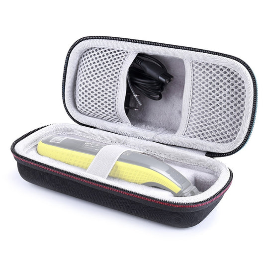 Portable EVA shockproof shaver storage case, open with shaver and charging cord inside.