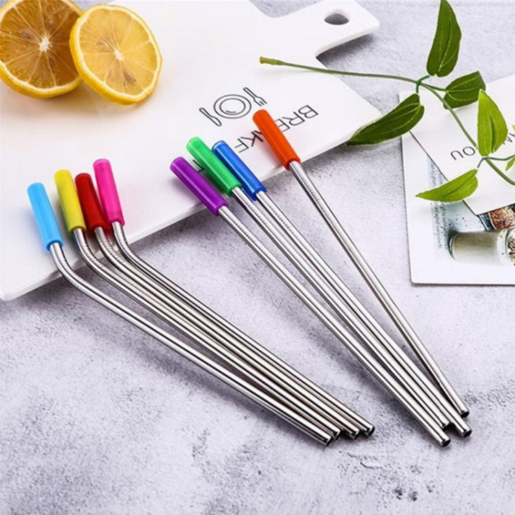 Stainless steel reusable drinking straws with colorful silicone tips, angled view