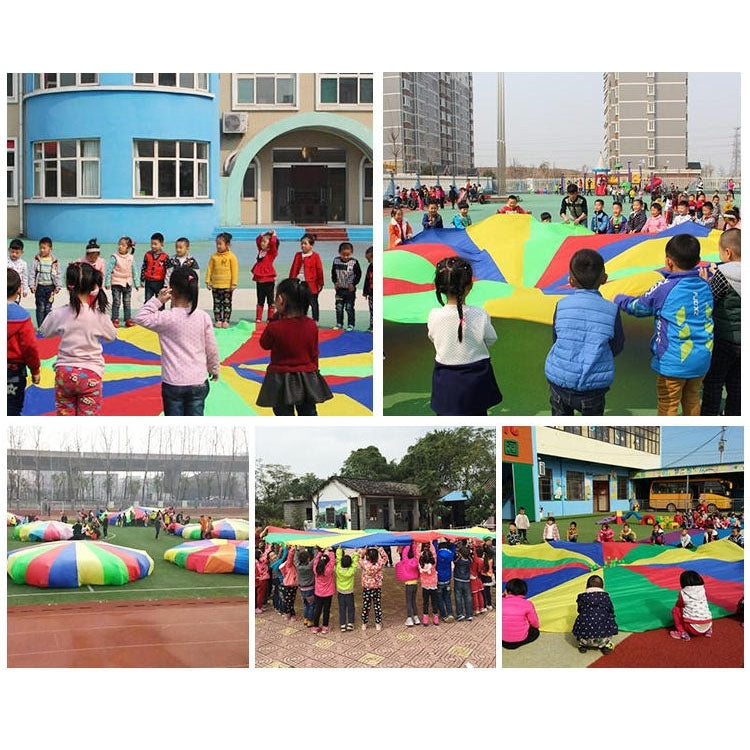 Rainbow parachute play toy used by children in group games, multicolor panels