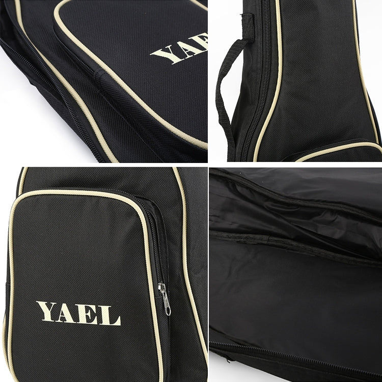 26-inch ukulele gig bag detail: YAEL logo, zippers, and textured lining panels