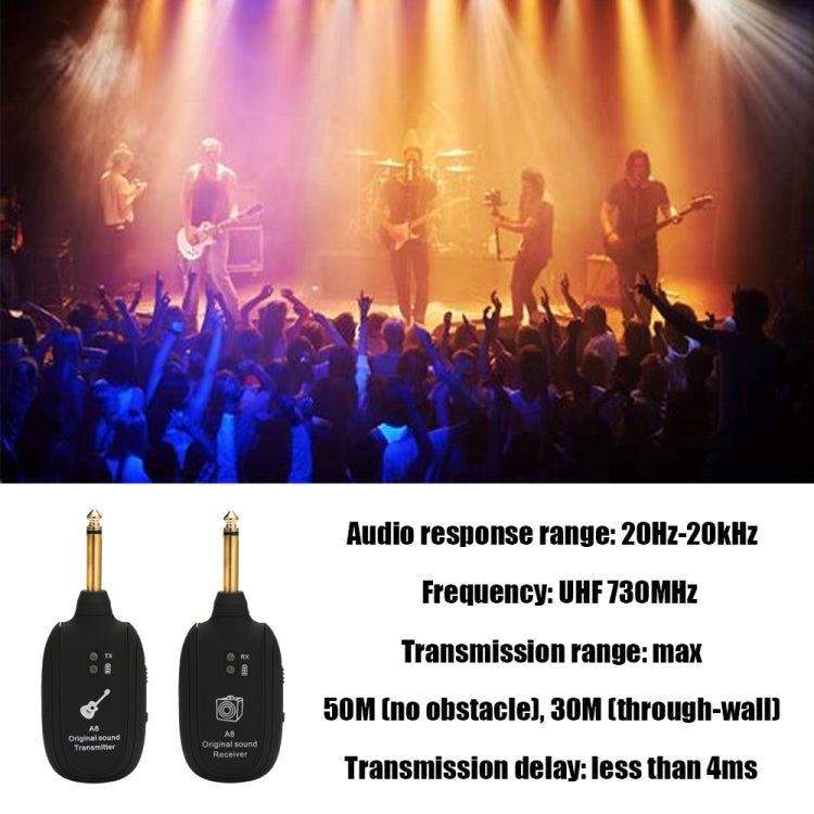 Pair of black wireless guitar transmitter and receiver units with gold 1/4-in plugs