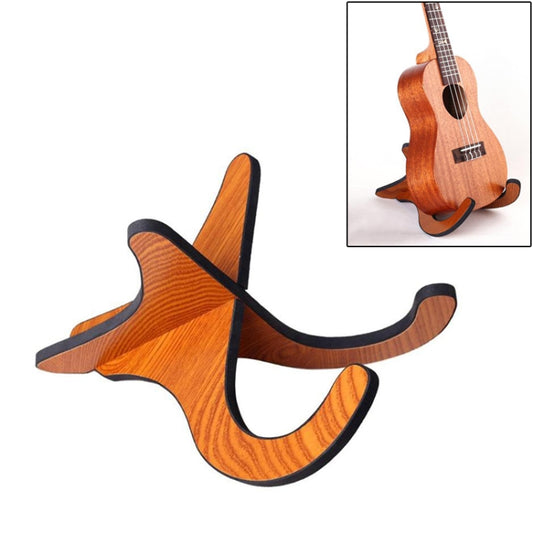 Wooden folding ukulele shelf bracket with dark rubber supports for vertical display