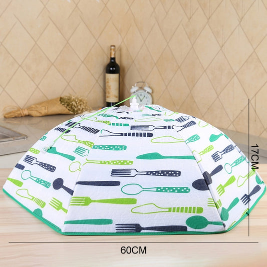 Folding aluminum foil food cover, 60 cm x 17 cm, green-and-navy patterned fabric top