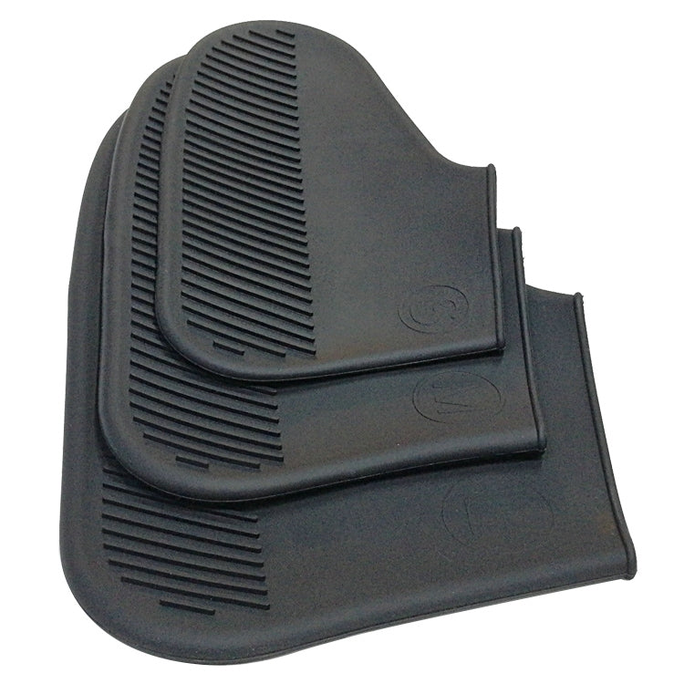Black silicone rain boot shoe covers with raised anti-slip tread and grip ridges