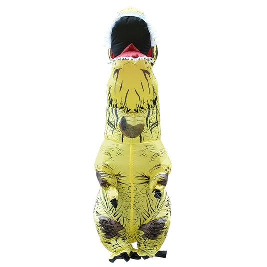 Yellow inflatable dinosaur adult costume, back view with hooded head and black spikes.