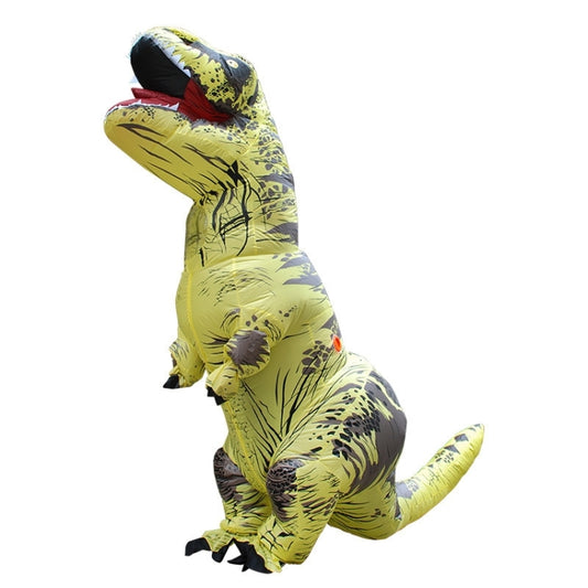 Yellow inflatable dinosaur adult costume with red-lined mouth hood, side view.