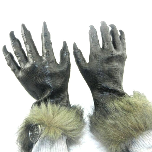 Close-up of gray wolf gloves with textured latex finish and green faux-fur wrist cuffs