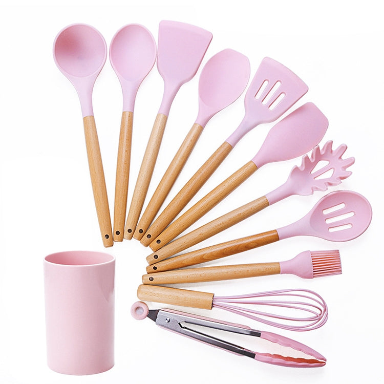 kn082 11 in 1 Wooden Handle Silicone Kitchen Tool Set with Storage Bucket, Green, Black, Pink