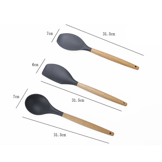 kn082 11 in 1 Wooden Handle Silicone Kitchen Tool Set with Storage Bucket, Green, Black, Pink