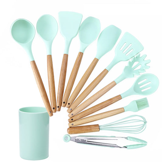 kn082 11 in 1 Wooden Handle Silicone Kitchen Tool Set with Storage Bucket, Green, Black, Pink