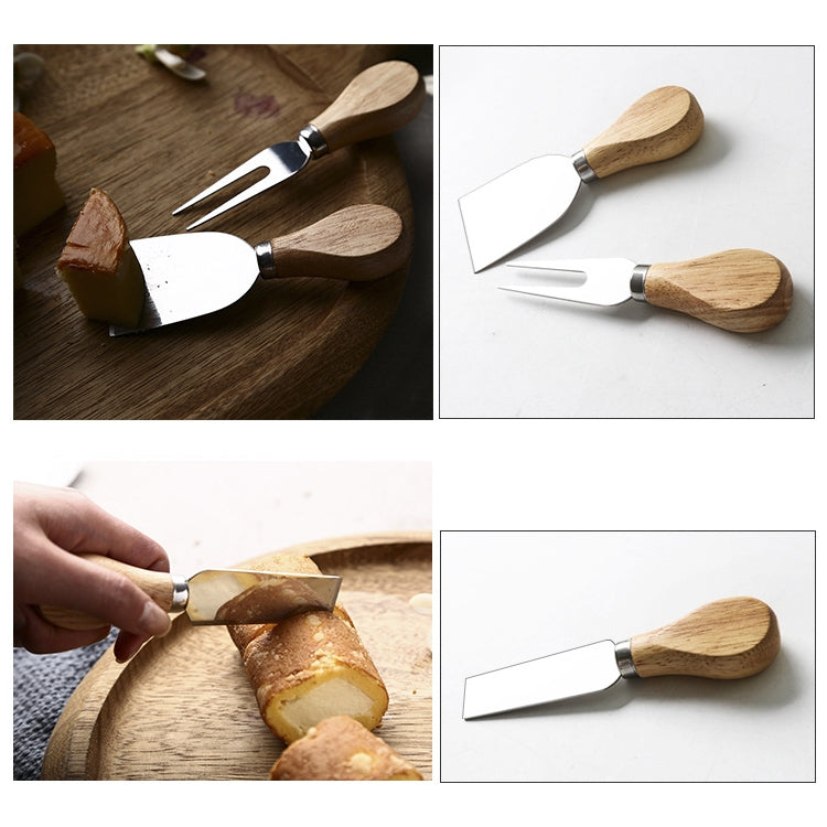 Wood-handled stainless steel cheese knife and spatula tools in use, set shown