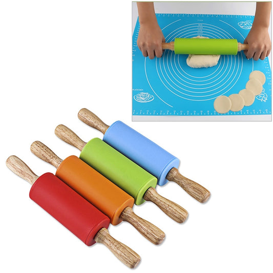 kn055 Solid Wooden Handle Silicone Rolling Pin Non-stick Food Dumpling Stick, Length: 23cm, Random Color Delivery, 23cm