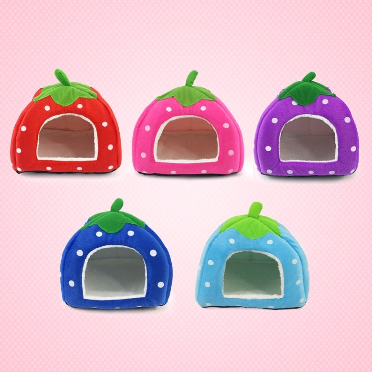 Assorted strawberry-shaped plush pet houses in red, pink, purple, blue, and light blue