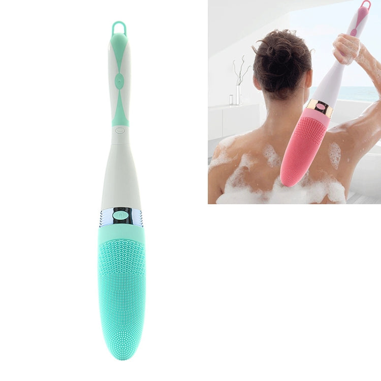 Green waterproof silicone vibration bath body massage brush with textured head and handle loop