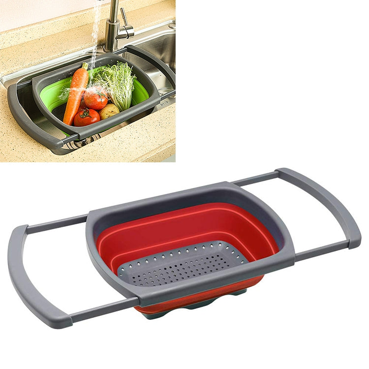 Retractable produce filter basket with red inner tray and perforated insert, gray frame.