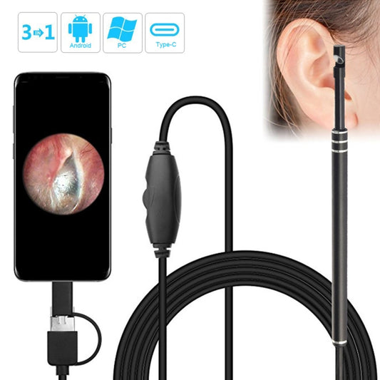 i96 3 in 1 USB Ear Scope Inspection HD 0.3MP Camera Visual Ear Spoon for OTG Android Phones & PC & MacBook, 1.85m Length Cable, 3 in 1 Black 0.3MP