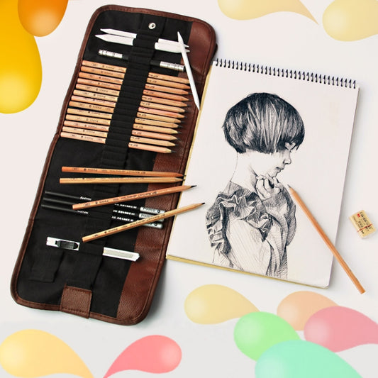 Beginner Sketching Tools (18 PCS Sketching Pencils + Charcoal Pencil + Erasers + Pen Curtain + Art Knife) Sketching Set, Sketching Set
