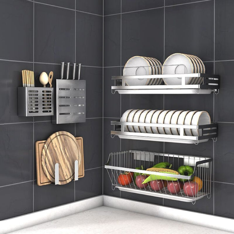 Wall-mounted stainless steel multi-tier seasoning rack with wire baskets and hooks