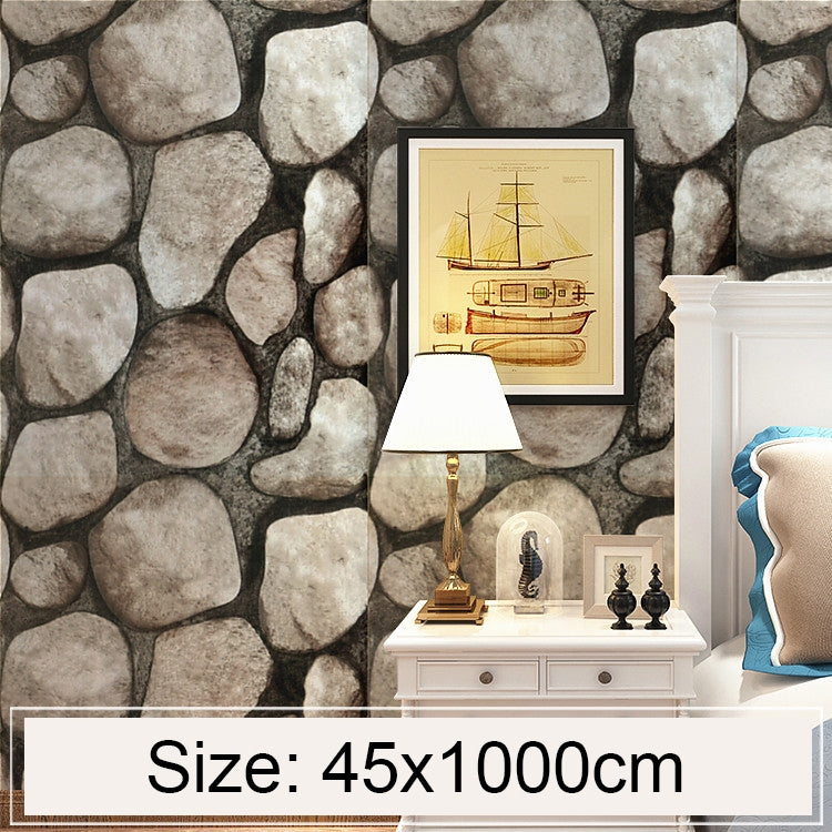 Stone pebble 3D wallpaper pattern covering a wall in gray and beige rocks