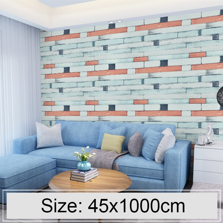 Stone brick wallpaper wall in living room, blue-gray bricks with orange-red lines