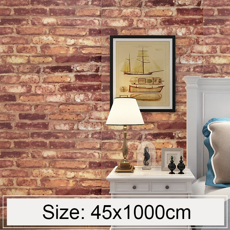Brick-pattern 3D wallpaper roll, red-brown distressed stone brick texture, size 45x1000cm